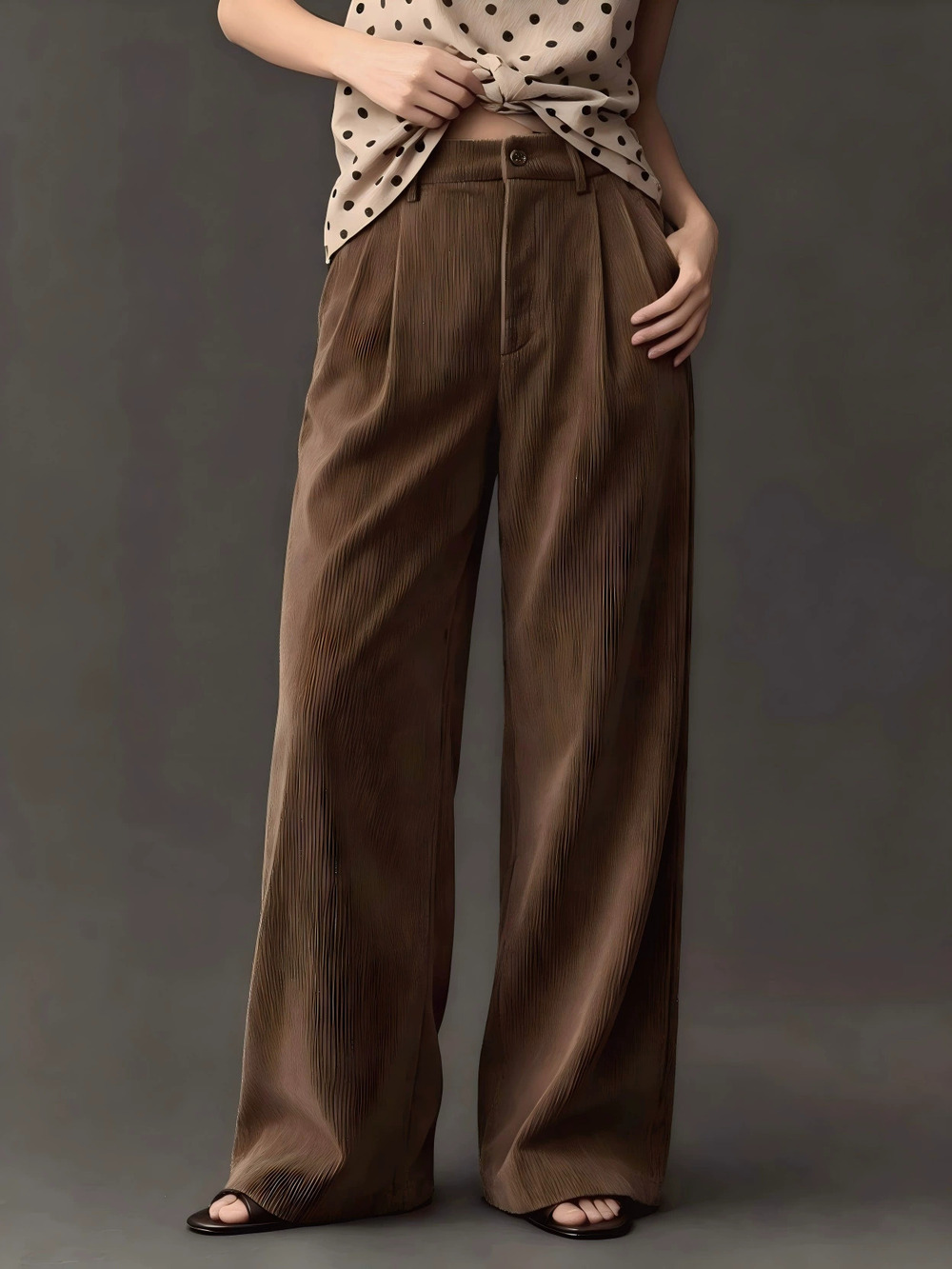 Zara Vintage Brown Corduroy High Waist Pleated Drape Wide Leg Straight Pants
